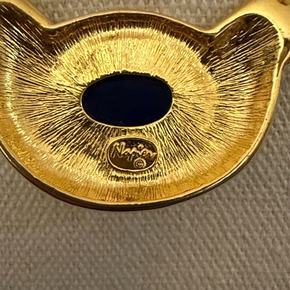 Vintage Napier Rare Gold Plated Herringbone Chain Necklace w/Blue Center Stone. - Picture 4 of 5
